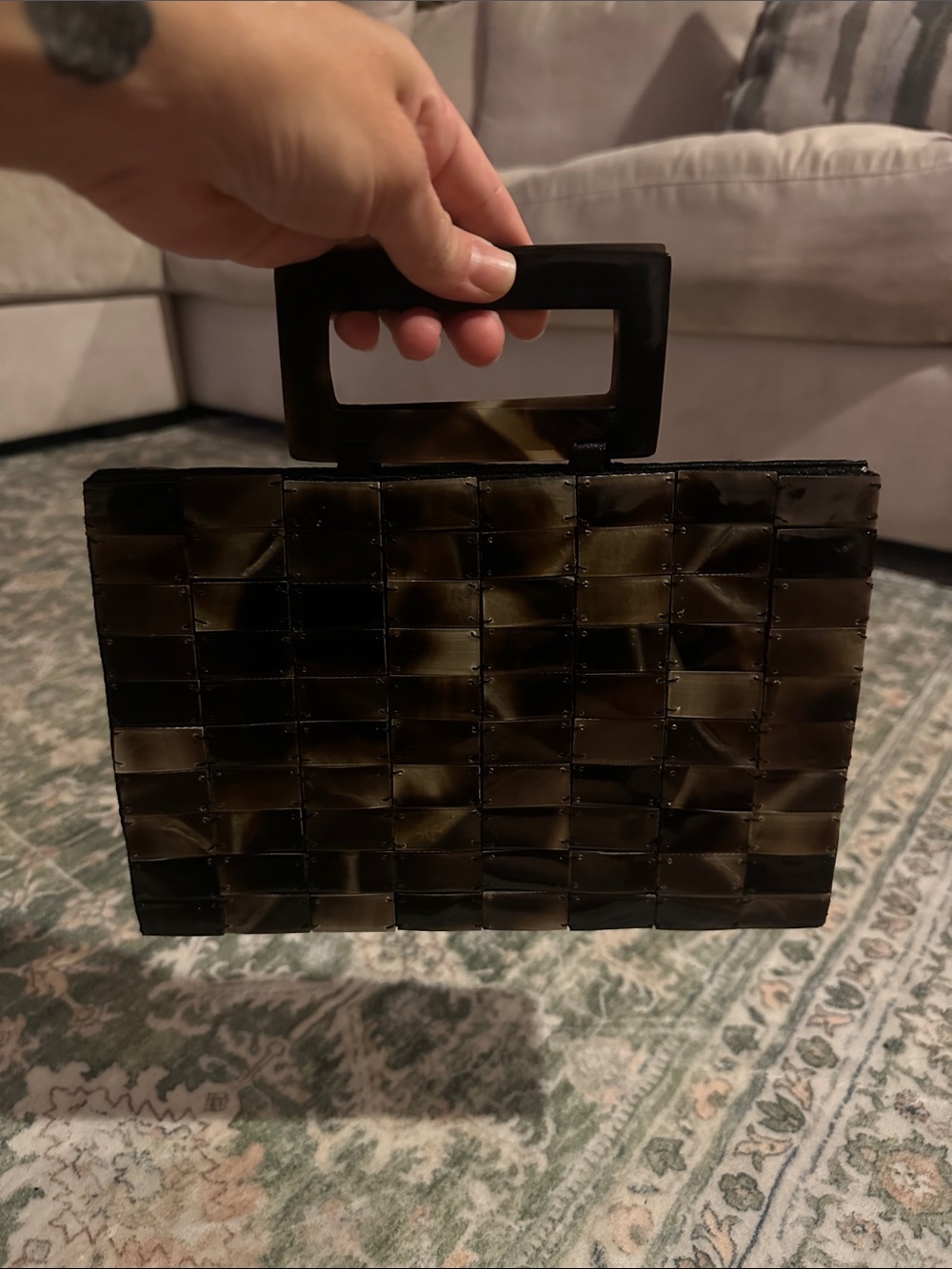 Black Tortoise Tile Acrylic Top-Handle Clutch